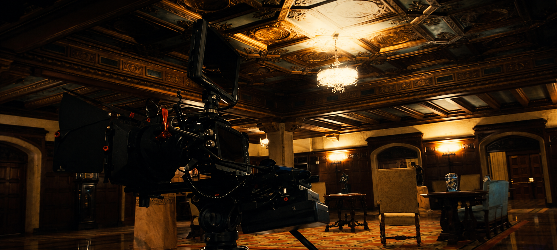 Professional film production camera in a cinematic production space